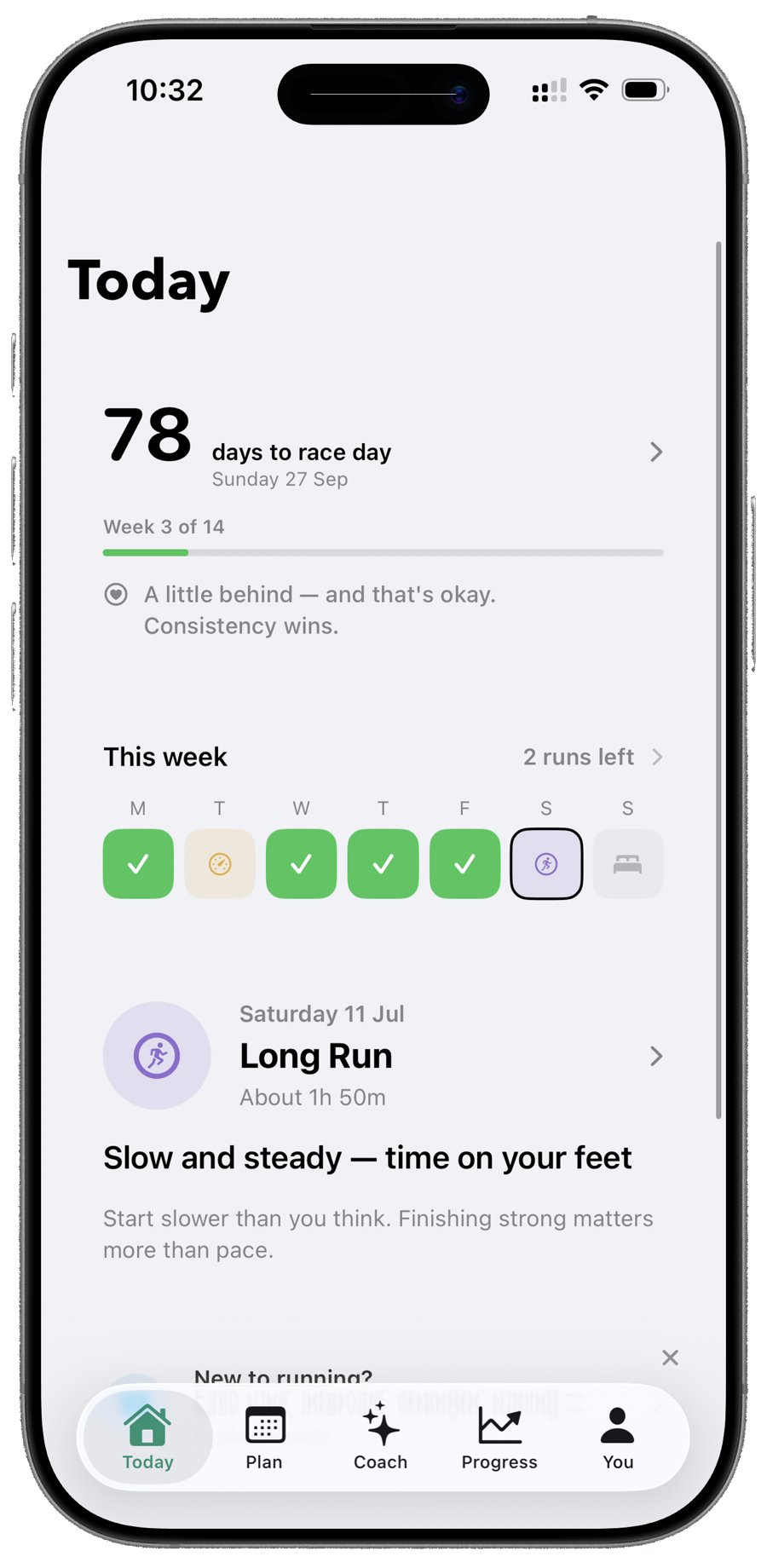 Taper app: today's run in one plain sentence, with morning readiness