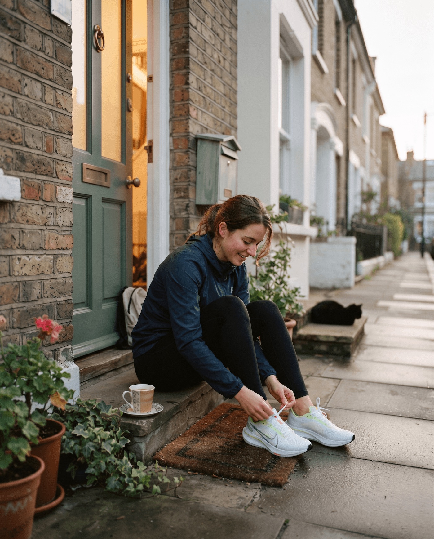 A new runner tying their laces in the doorway, early morning light