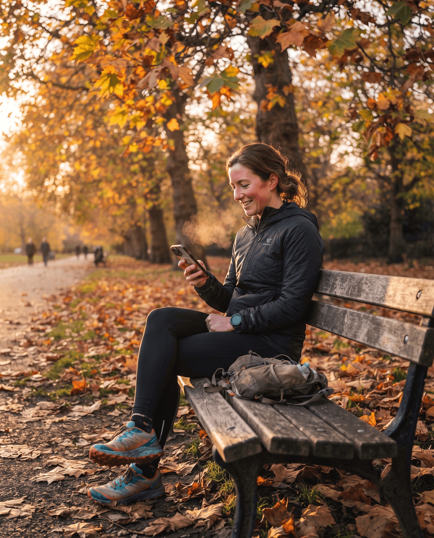 A runner resting on a park bench, reading a note from their coach