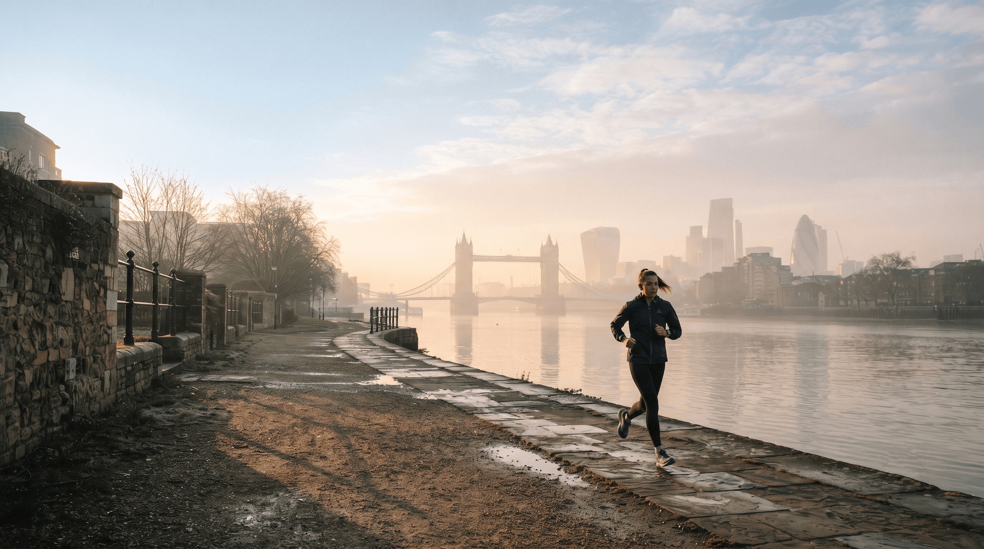 A lone runner on a misty Thames towpath at sunrise, London skyline behind