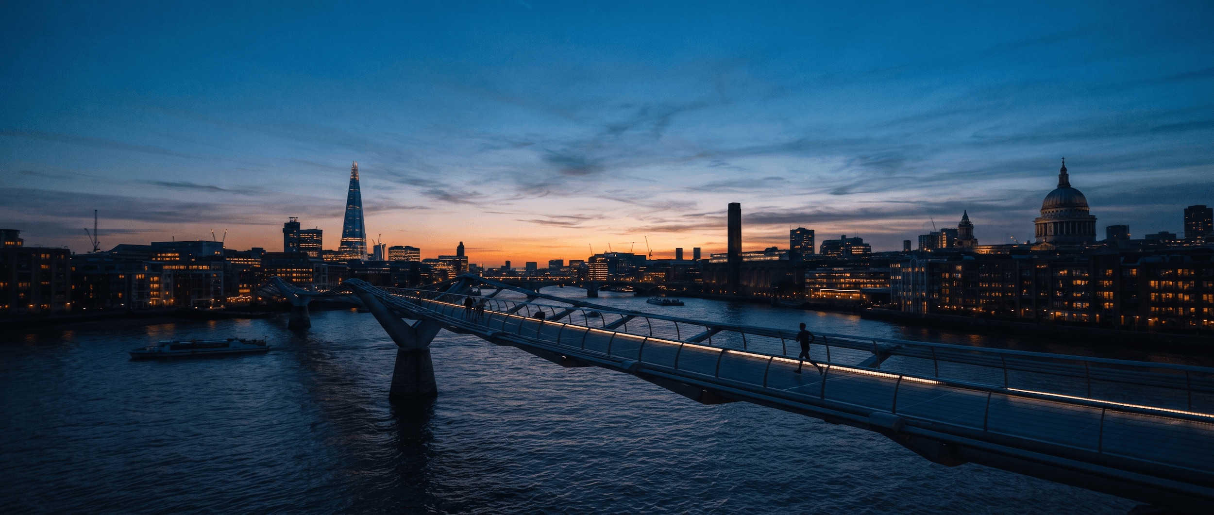 A runner's silhouette crossing a Thames bridge at dusk